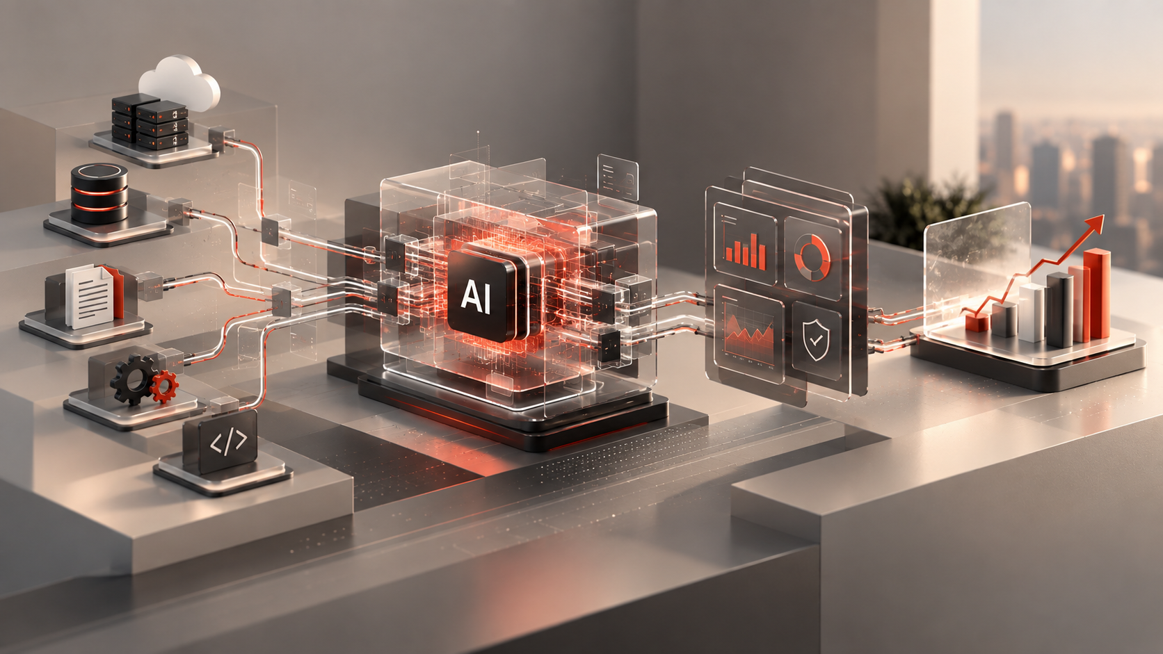 Enterprise AI workflow connecting cloud infrastructure, data systems, automation tools, analytics, and cost optimization to measurable business outcomes.