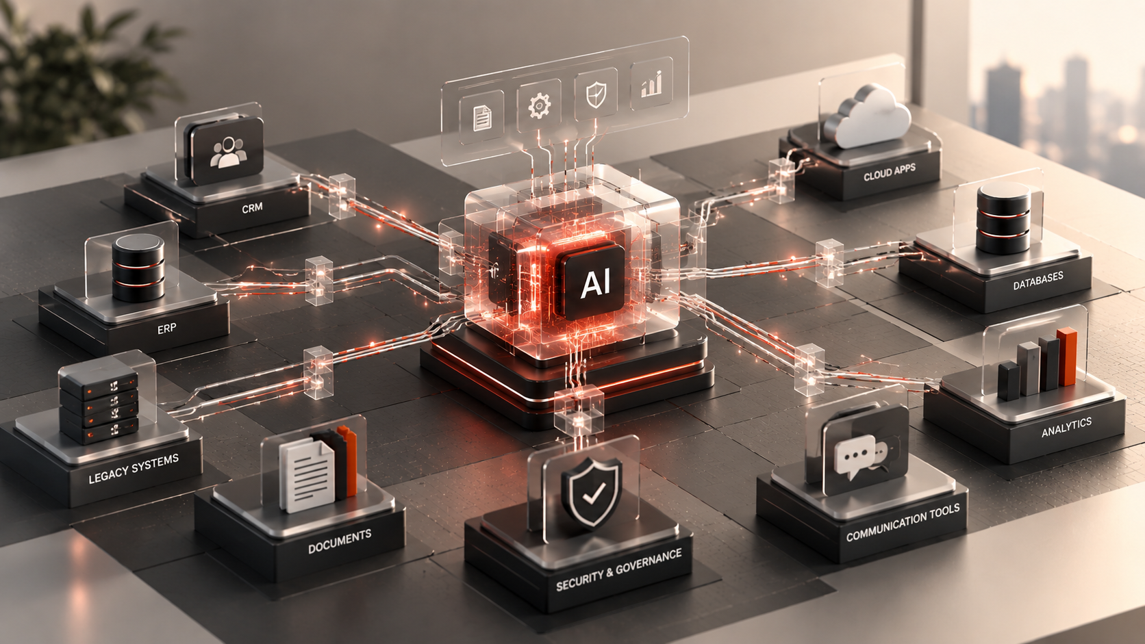 AI orchestration and integration layer securely connecting multiple existing enterprise software systems and data sources.